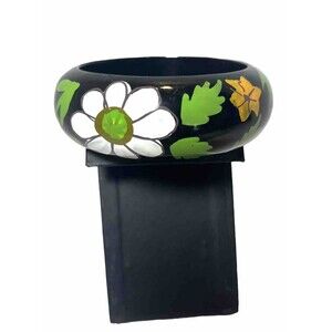 Hand Painted Wood Bracelet, Black White Flowers  Orange  & Green Accent Vintage